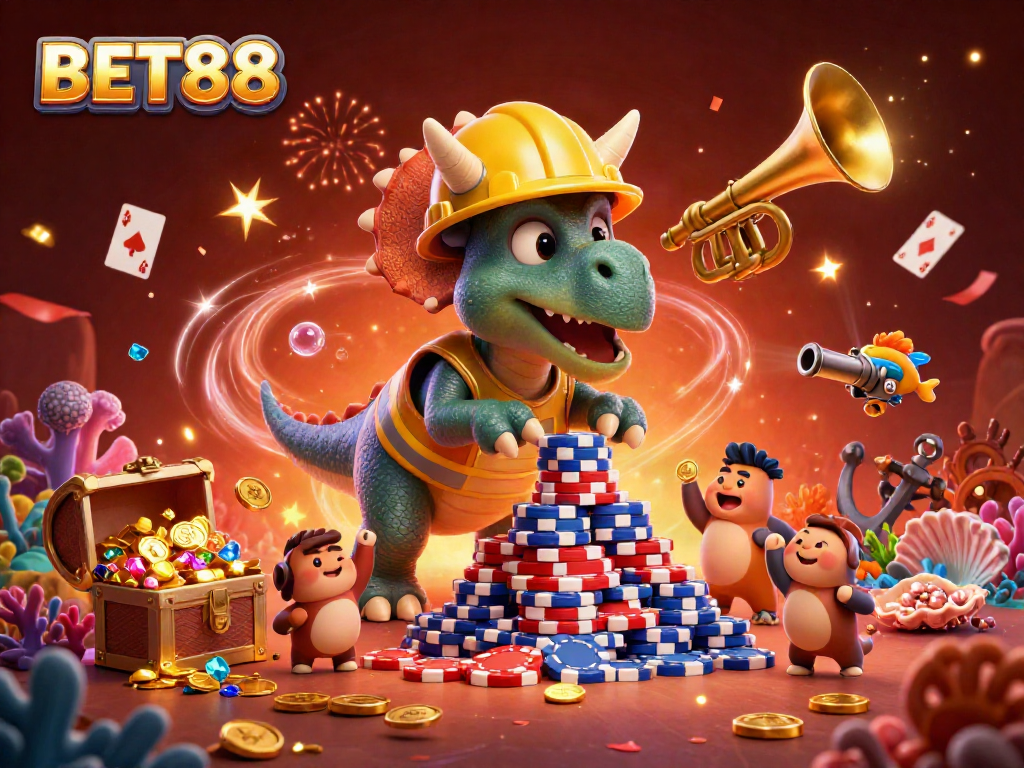 Experience exciting gameplay at BET88 with a lively scene of cartoon characters celebrating casino wins.