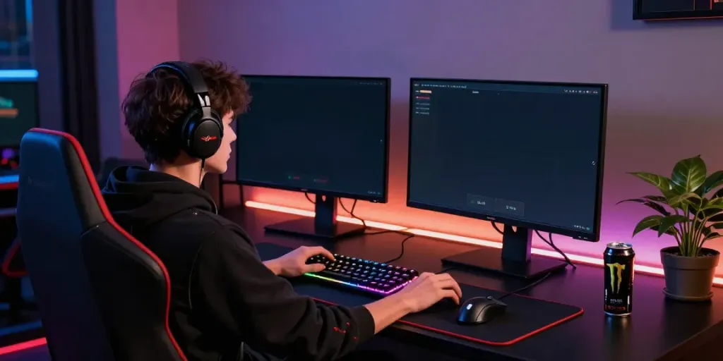 Gamer menggunakan bukumimpi138 login di ruang permainan modern dengan aksesori gaming
