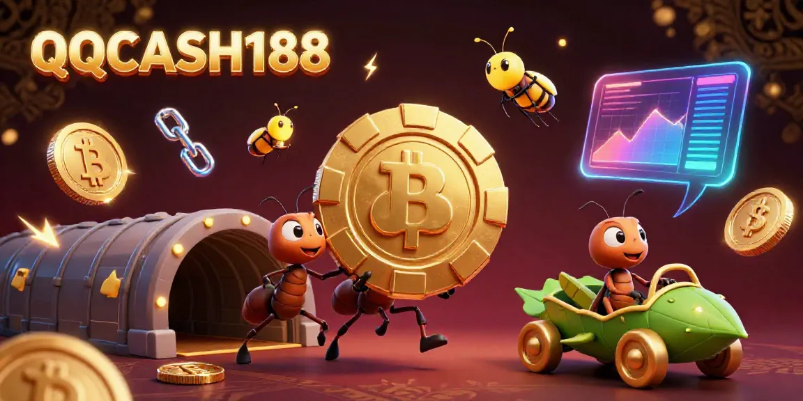 Experience the thrilling QQCASH188 heist with ants carrying a giant poker chip amidst digital coins and captivating effects.