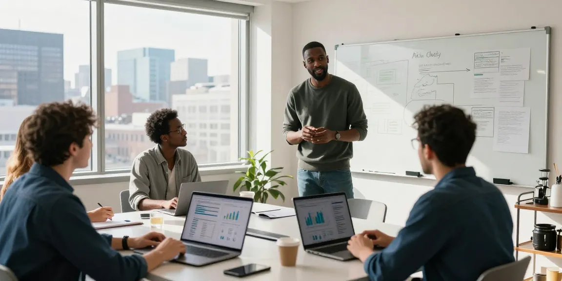 Akin Chaktty collaborating with a team in a modern office setting, discussing business strategies and entrepreneurial ideas.