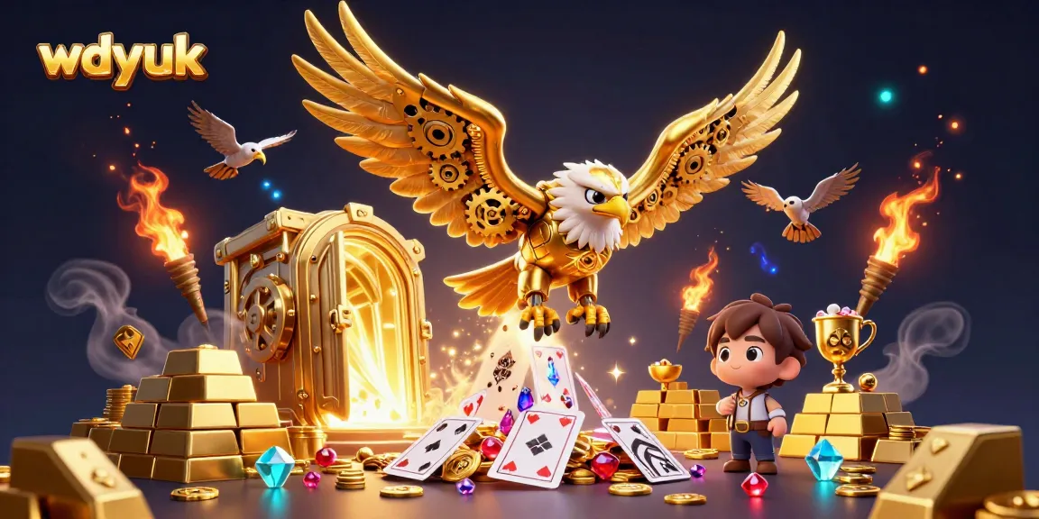 Engage in thrilling action with the wdyuk casino, featuring a golden eagle and cascading cards.