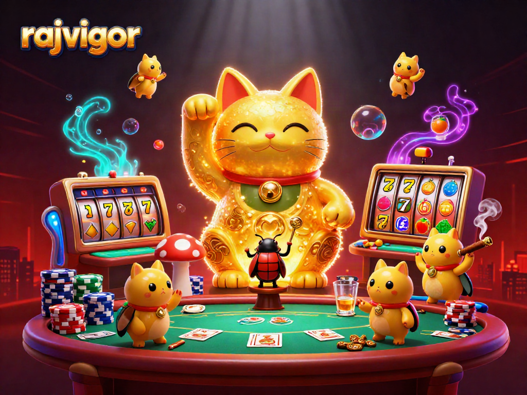 Engage with rajavigor's vibrant casino scene filled with interactive slot reels and dynamic characters.