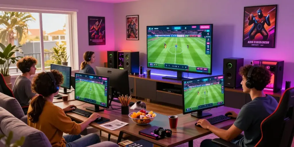 KANTORBOLA gaming scene with friends enjoying soccer betting on a large screen in a modern living room full of vibrant decor.