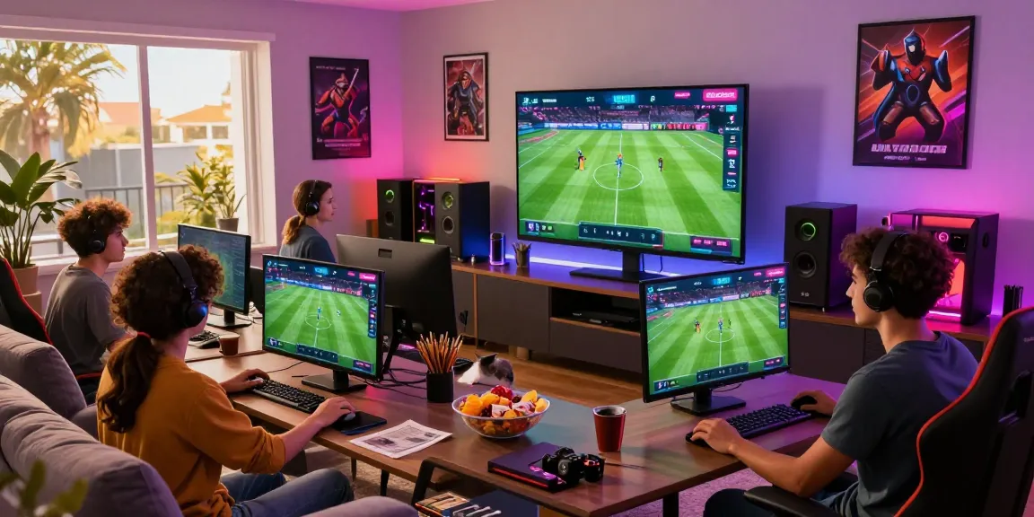 KANTORBOLA gaming scene with friends enjoying soccer betting on a large screen in a modern living room full of vibrant decor.