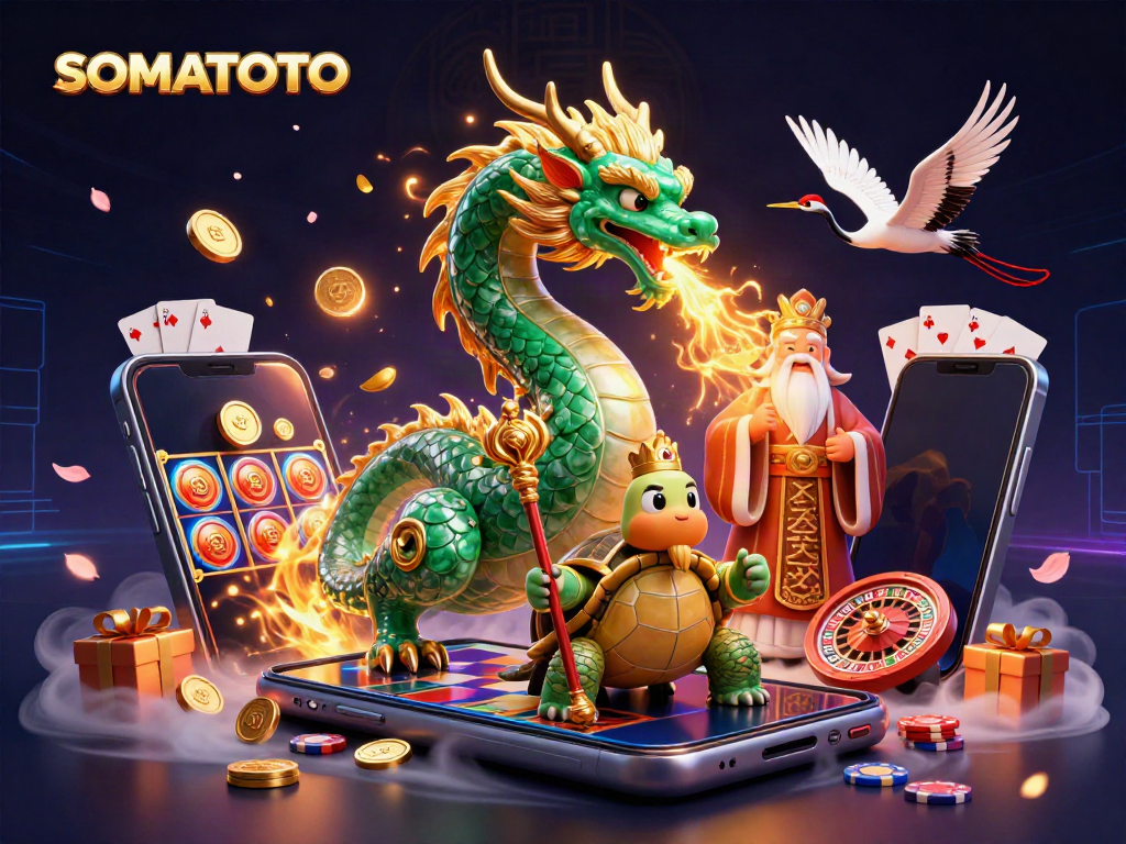 SOMATOTO showcases an enchanting 3D scene with a dragon and turtle sage amid casino games, celebrating luck in a vibrant setting.