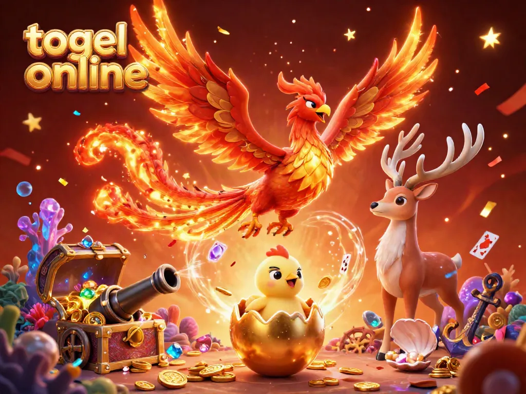 Togel online illustration featuring a soaring phoenix, hatching chick, and mystical stag amidst vibrant casino elements.