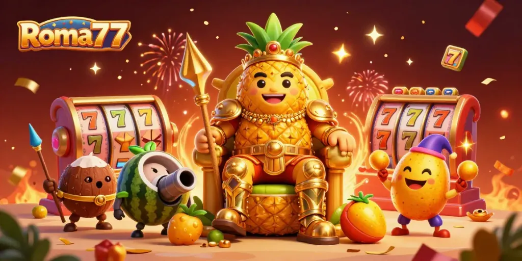 Play slots and win at Roma77 with our vibrant casino-themed 3D illustration.