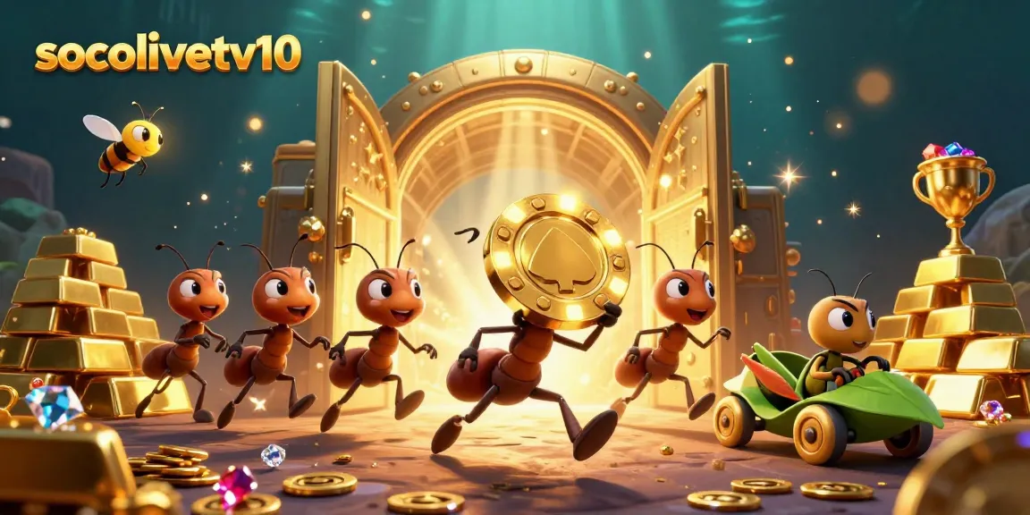 Socolivetv10 showcases a dynamic ant team heist with gold poker chips amidst sparkling treasures, emphasizing unique gambling themes
