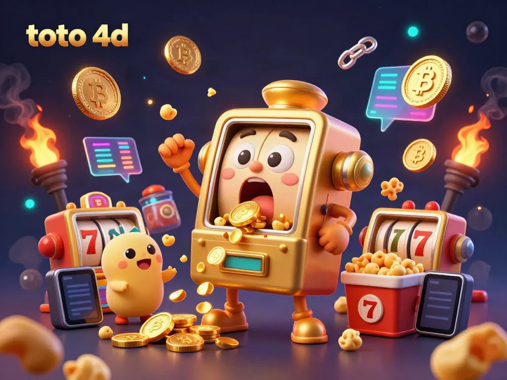 Experience the thrills of toto 4d with a golden slot machine cheering amidst coins and excitement.
