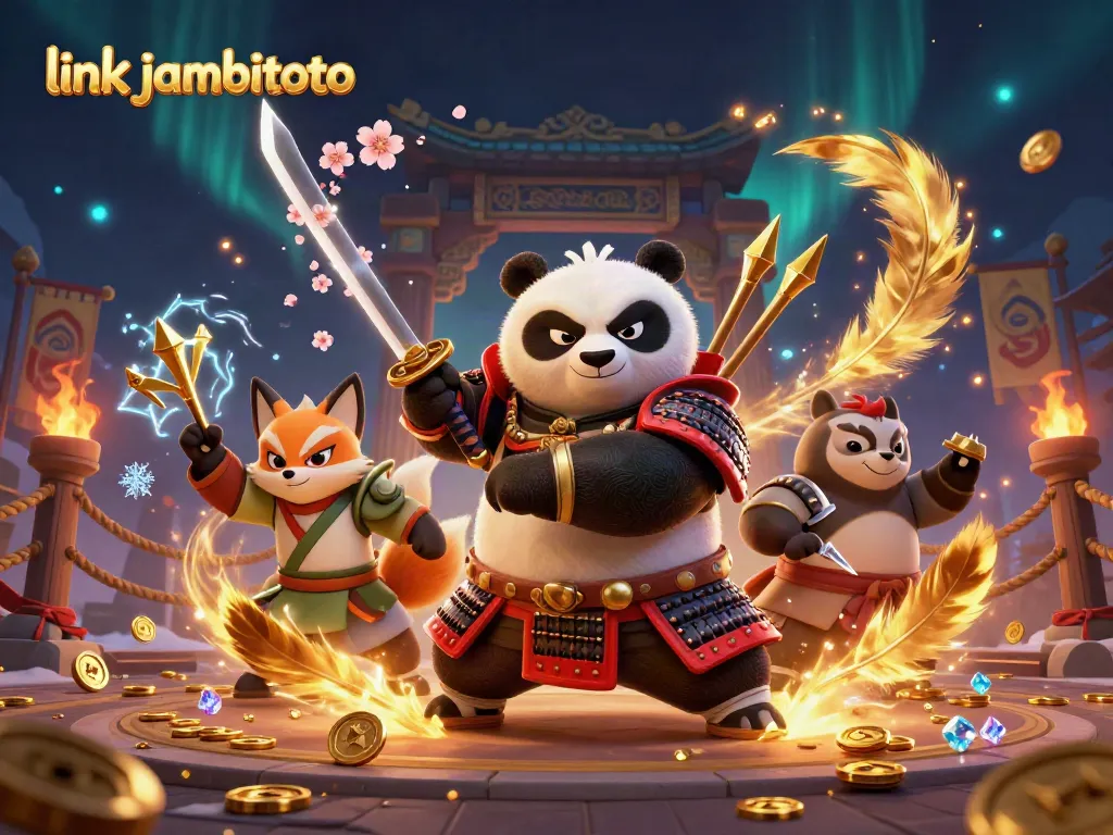Experience the thrill of link jambitoto with a vibrant illustration of samurai panda and ninja fox in action.