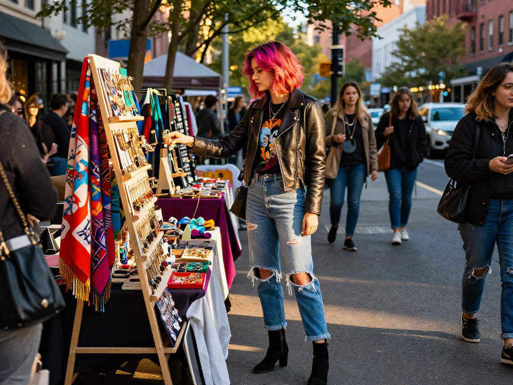 Young woman exploring trendy styles at a street boutique, showcasing bro138 fashion in an urban atmosphere.