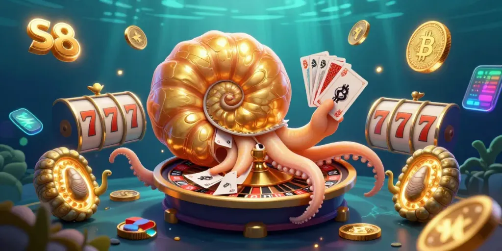 Spin the roulette wheel at S8 with a vibrant 3D nautilus and glowing coins.