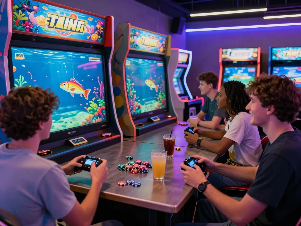 Engaged players enjoying lại là Bắn cá đổi thưởng at a lively arcade, colorful graphics on screens.