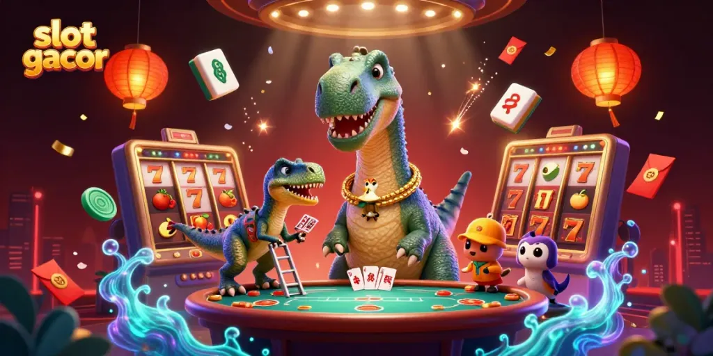 Menggandakan slot gacor dengan jackpot yang besar dalam ilustrasi kasino yang kaya warna dan detail.