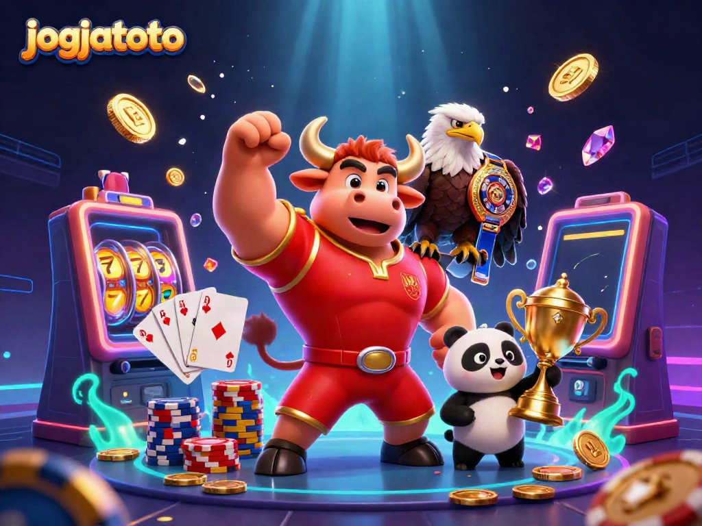 Experience thrilling wins at jogjatoto with vibrant slots, soaring eagle, and joyful victories in a casino scene.