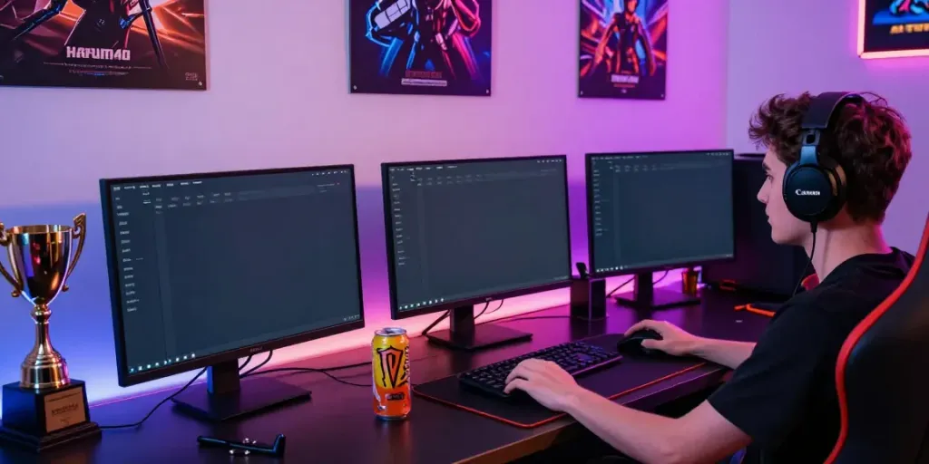 Gamer bersemangat memainkan platform harum4d dengan aksesori modern dalam lingkungan yang ceria.