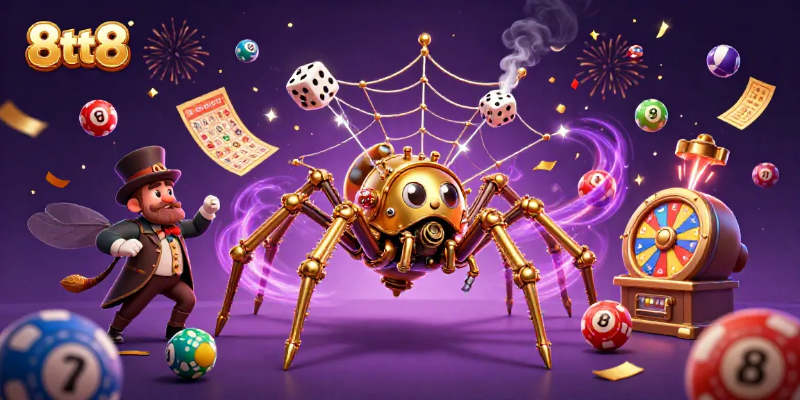 Catch dice with 8tt8's steampunk spider amid lottery balls and bingo cards in a lively casino scene.