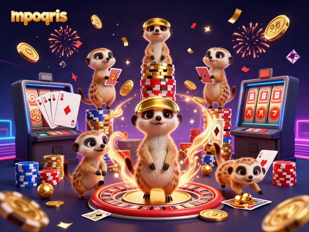 Meerkat berjudi dan bermain di kasino mpoqris dengan banyak koin dan chip berkilauan.
