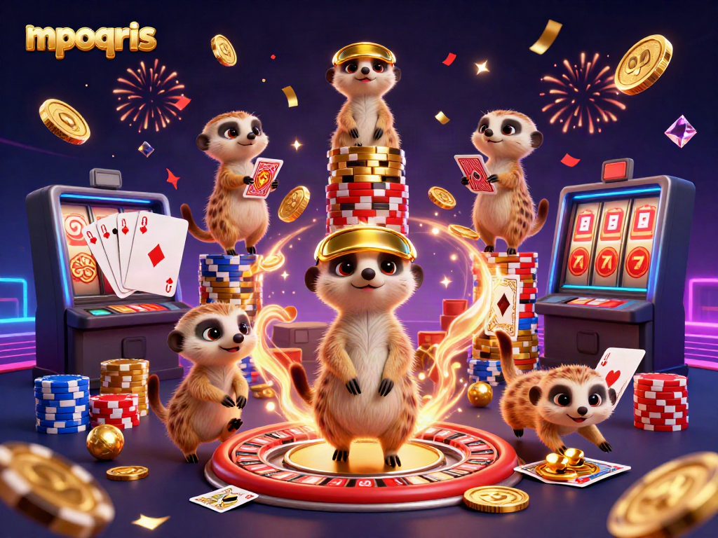 Meerkat berjudi dan bermain di kasino mpoqris dengan banyak koin dan chip berkilauan.