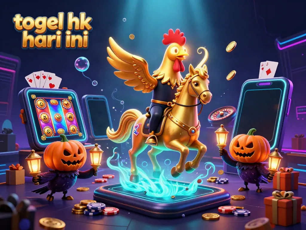 Menampilkan keluaran togel hk hari ini dengan ilustrasi kartu, koin emas, dan karakter unik dalam suasana kasino.