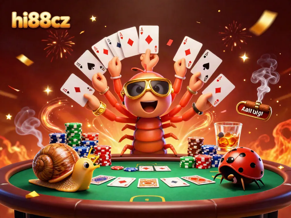 Engage with hi88cz's vibrant casino scene featuring a millipede dealer and high-roller snail.
