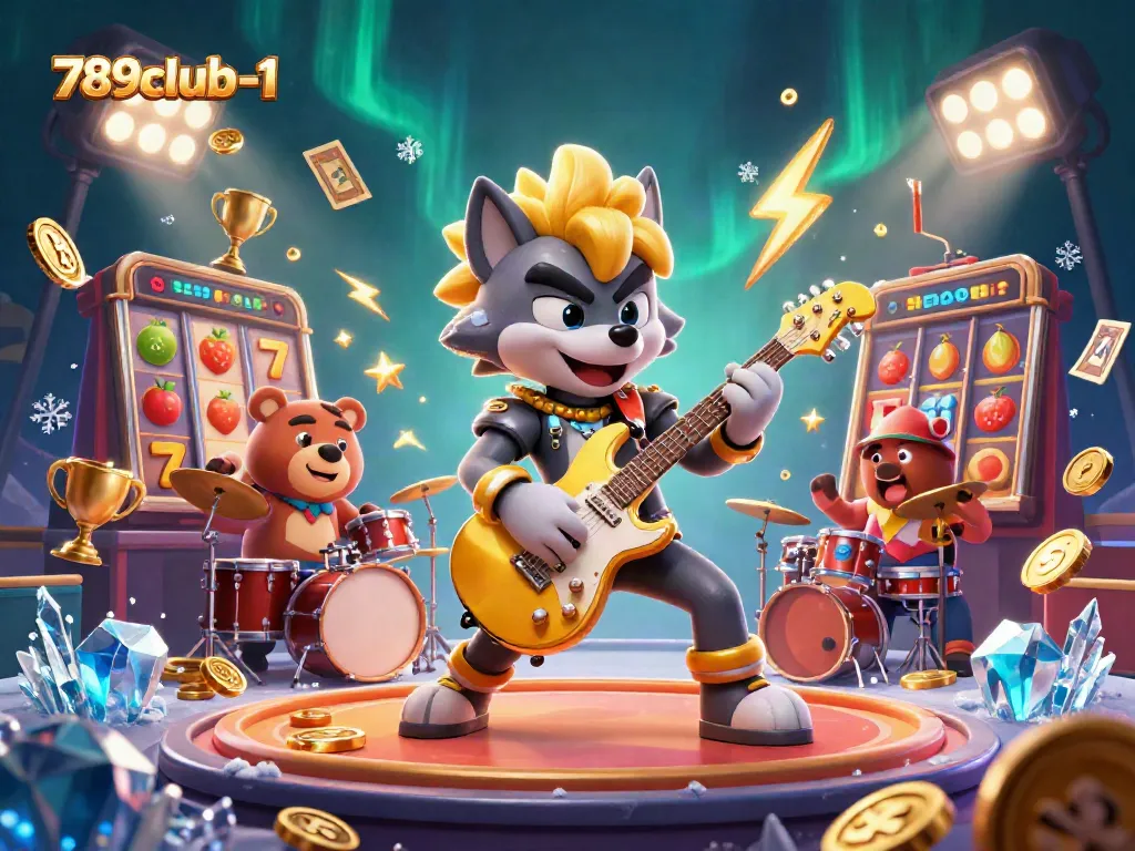 Watch the rock star wolf playing guitar at the exciting 789club-1 casino, surrounded by dynamic slot machines and golden trophies.