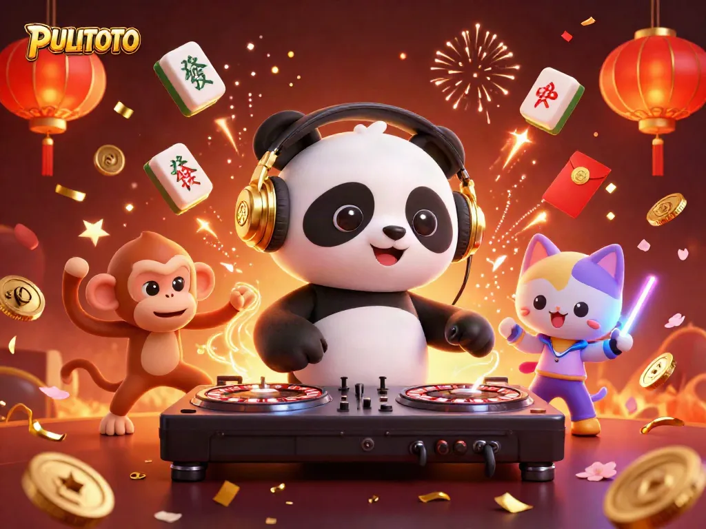 PULITOTO features a DJ panda, dance elements, and vibrant casino symbols creating a festive atmosphere.