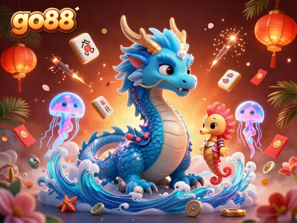 Experience thrilling gameplay with go88’s vibrant 3D illustration featuring a majestic dragon and sea knight.