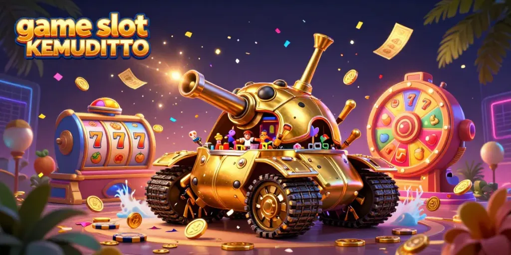 Permainan slot KEMUDITOTO yang menampilkan tank serangga emas raksasa dengan kasino mini di dalamnya, dikelilingi simbol slot.
