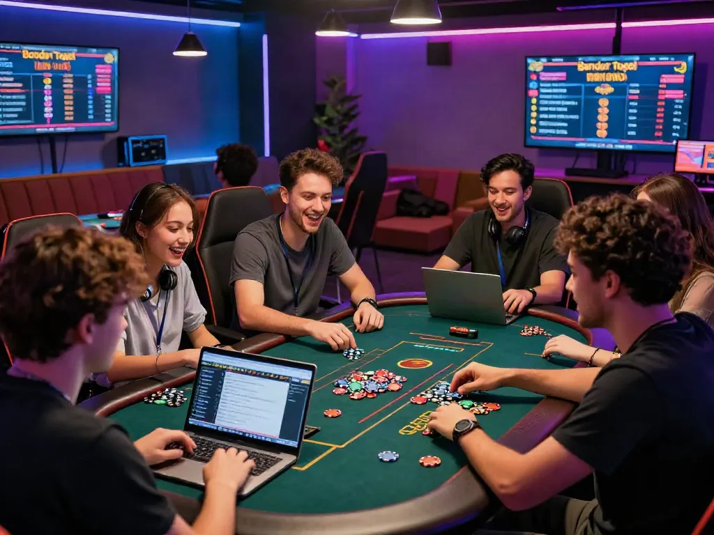 Excited friends discussing Bandar Togel results at a modern gaming lounge.