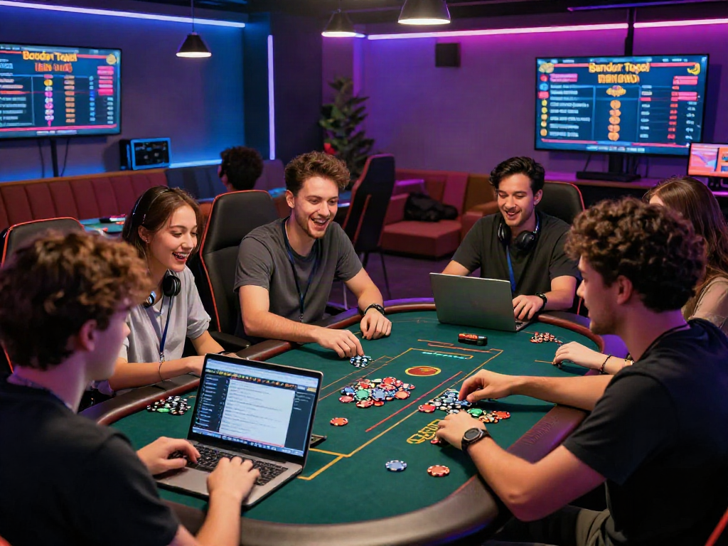 Excited friends discussing Bandar Togel results at a modern gaming lounge.