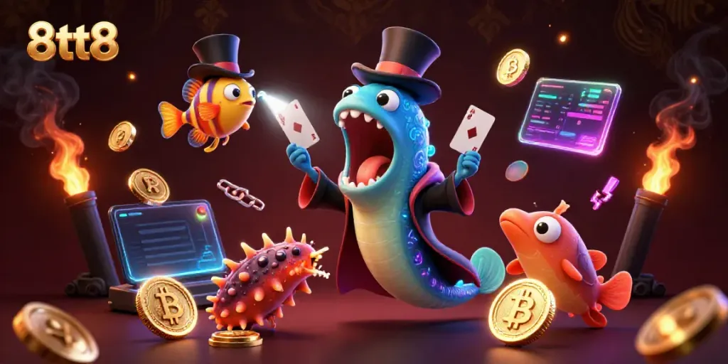 Engage in thrilling casino magic with 8tt8, as glowing coins and vibrant characters create a captivating scene.