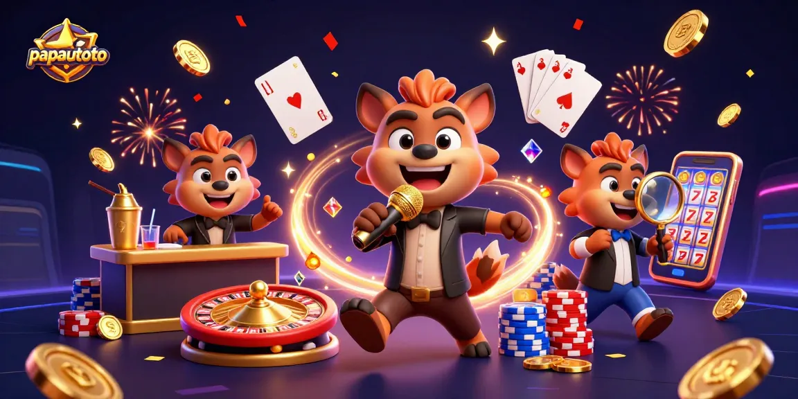 Papuatoto menampilkan hyena kartun 3D dalam klub kasino komedi dengan elemen permainan yang menggembirakan.