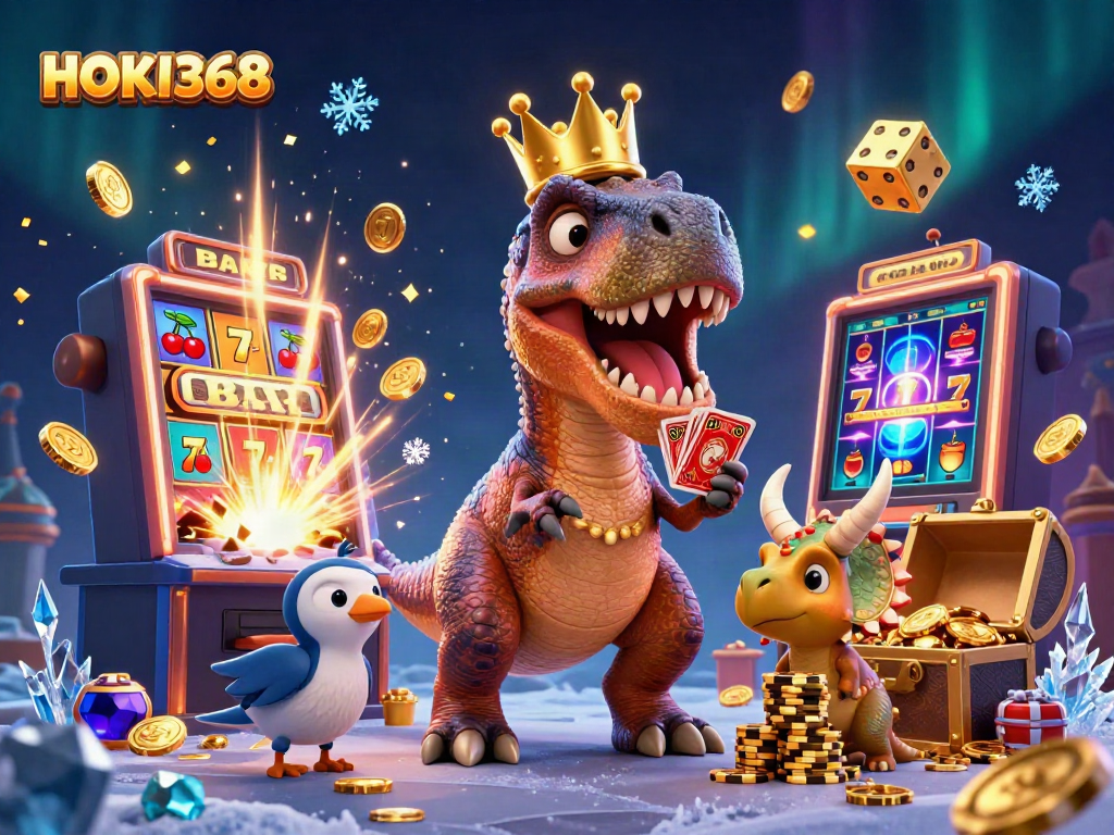 Experience HOKI368 with a creative illustration of a playful scene featuring casino elements and charismatic dinosaurs.