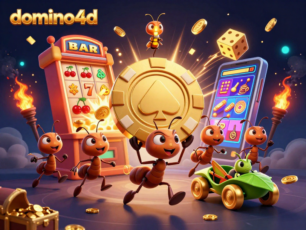 Ant-anta berjaga membawa chip poker emas di domino4d, dikelilingi mesin slot dan koin berjatuhan.