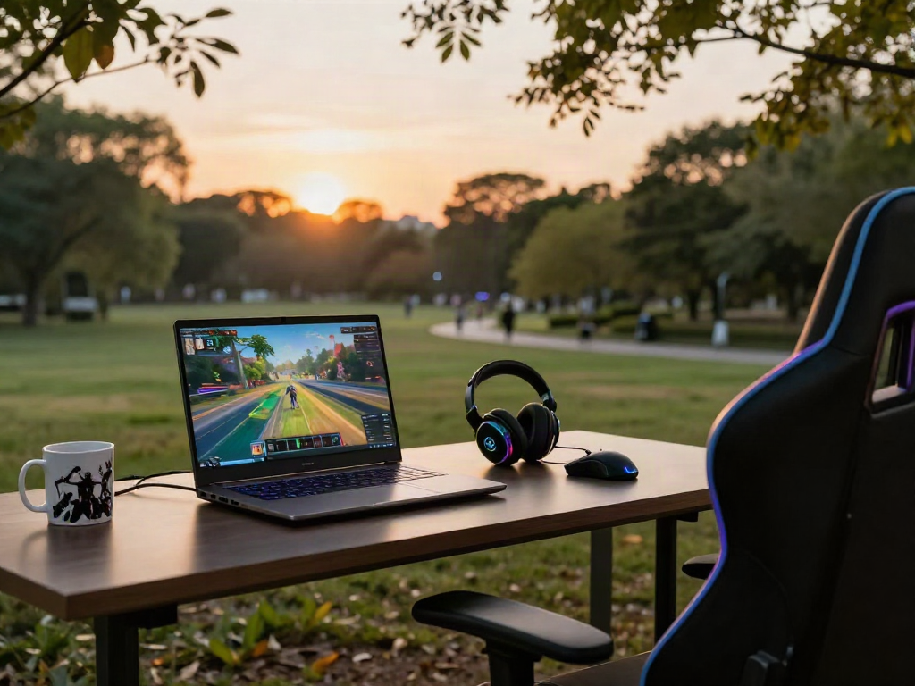 Pengaturan ruang kerja digital luar ruangan dengan laptop gaming dan aksesoris gaming, menunjukkan dewitogel login alternatif.