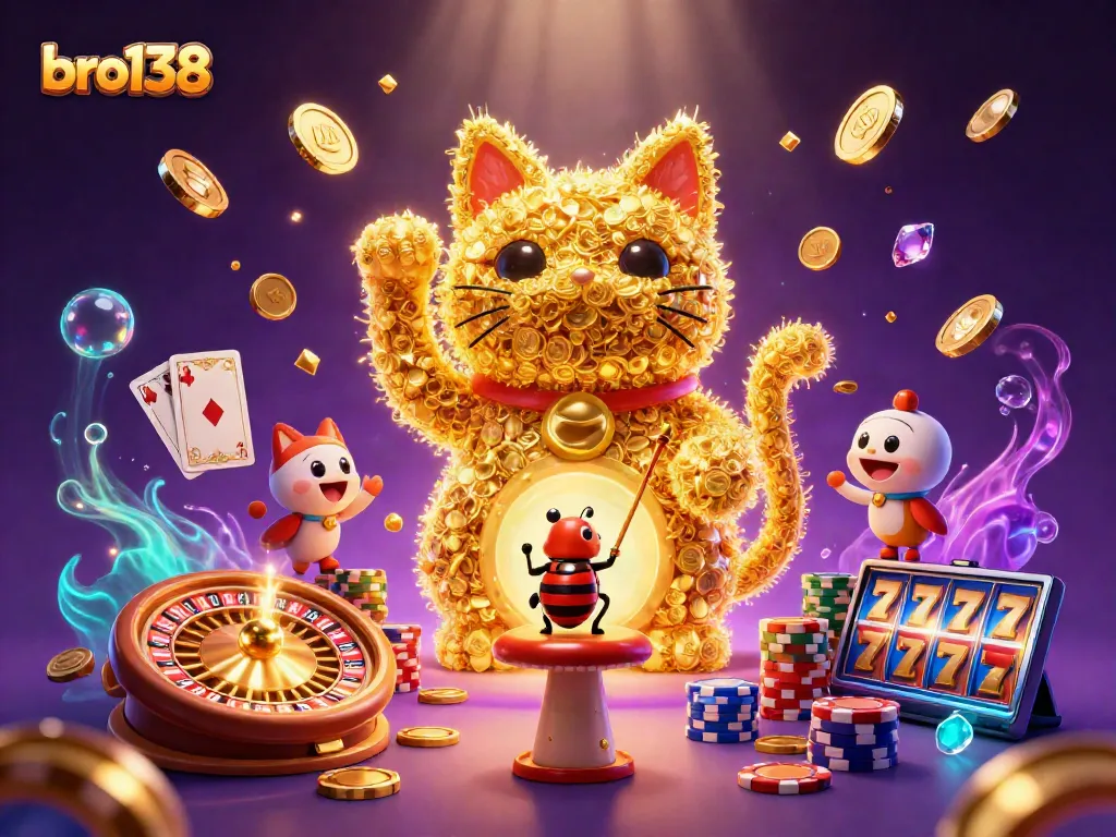 Experience thrilling wins at bro138 with a vibrant scene of casino games and golden fireflies.