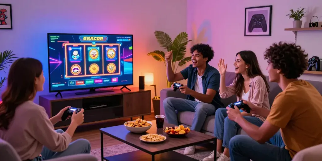 Friends enjoying a gaming session playing slot gacor, celebrating wins in a lively living room.