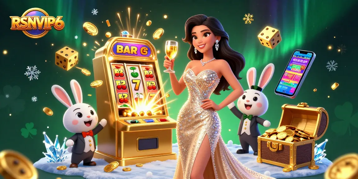 Experience the luxury of RSNVIP6 as a dazzling woman toasts next to a thrilling slot jackpot.