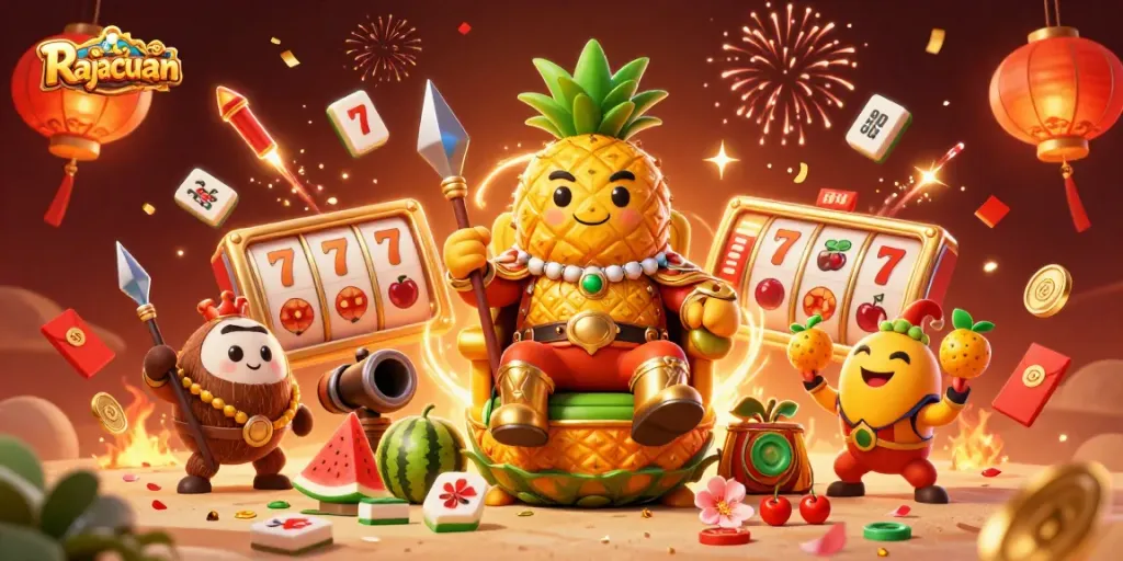 Rajacuan showcases an epic casino scene with a pineapple king, coconut guards, and vibrant slot elements.