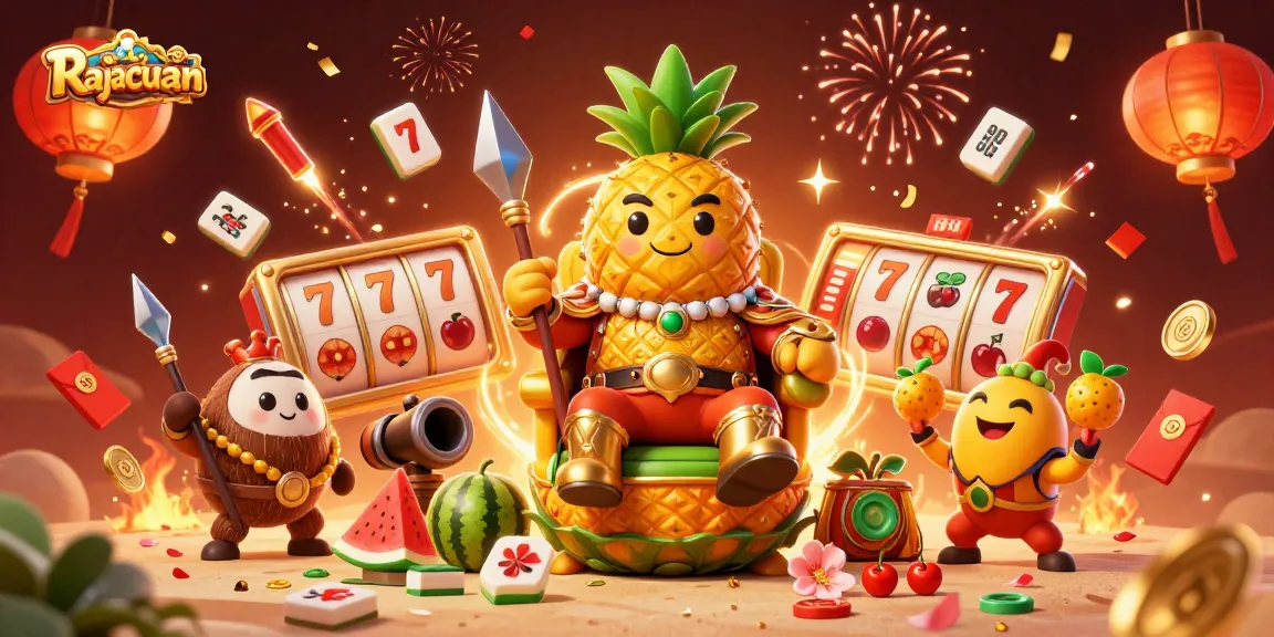 Rajacuan showcases an epic casino scene with a pineapple king, coconut guards, and vibrant slot elements.