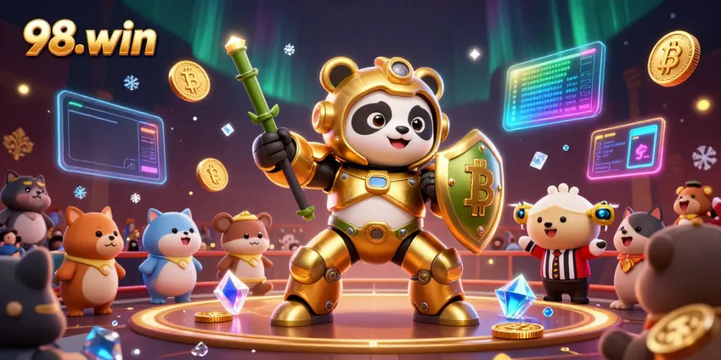 Experience the vibrant 98-win arena with a golden panda mech battling amidst crypto coins and vibrant visuals.