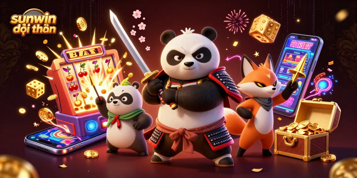Sunwin đổi thưởng offers exciting adventures with samurai panda and ninja fox in a vibrant casino scene.