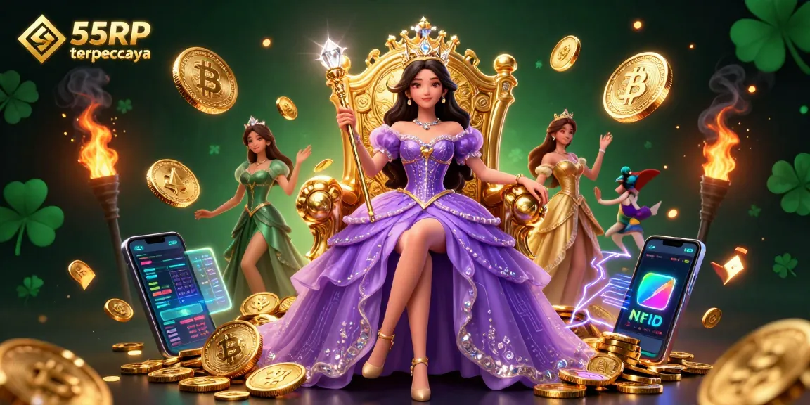 Experience thrilling gameplay with 55RP terpercaya, showcasing a royal character in a vibrant casino setting.