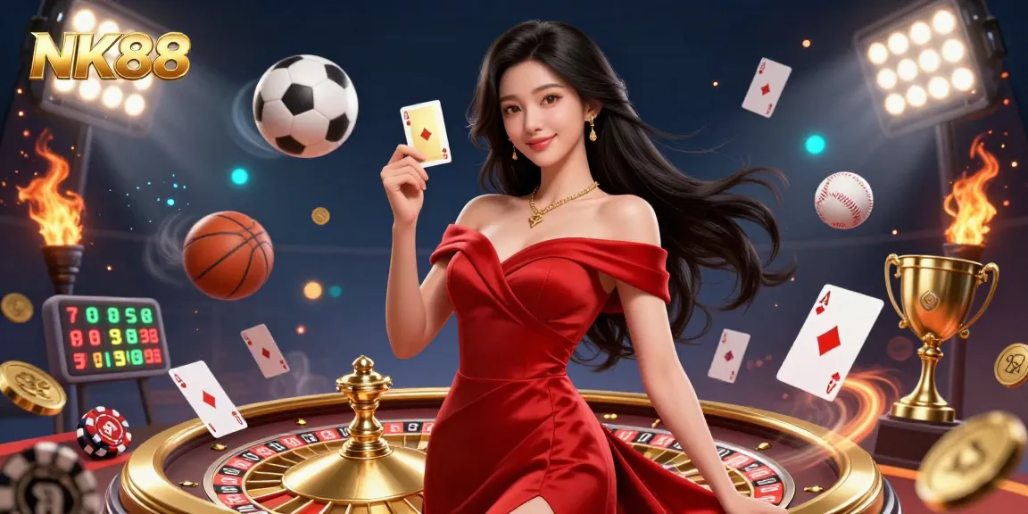Experience the thrill of NK88 with a stunning illustration of a confident woman, roulette wheel, and dynamic sports elements.