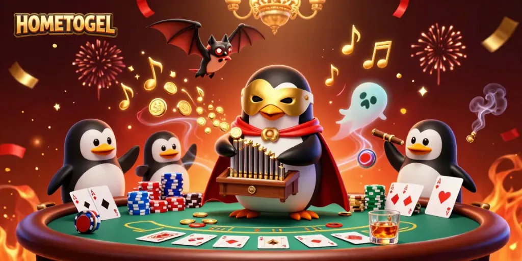 Experience the thrilling HOMETOGEL casino world through a vibrant 3D cartoon illustration of gaming action.