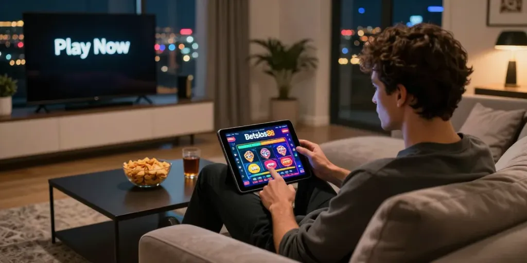 Pengguna menikmati permainan Betslots88 di ruang tamu modern dengan suasana nyaman.