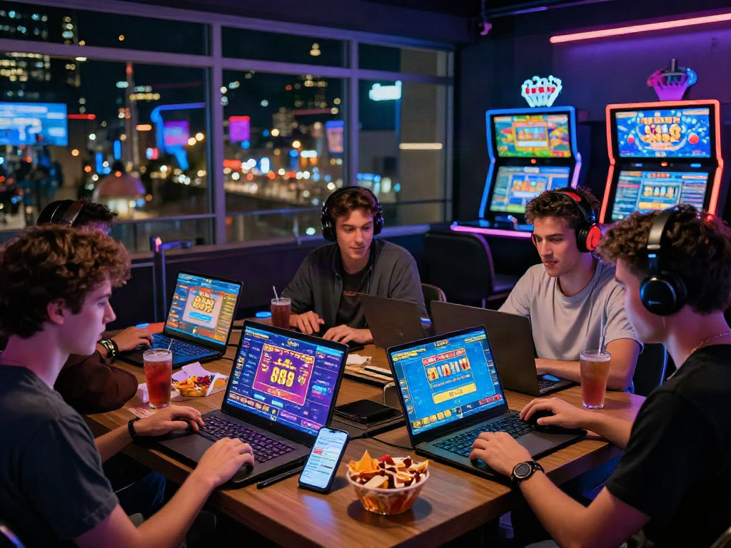 Pengalaman bermain natunatoto di ruang permainan modern dengan suasana ceria dan permainan lotere online.