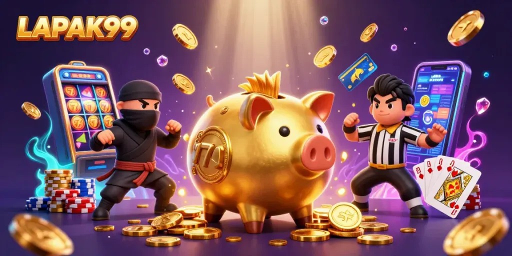 LAPAK99 showcases an exciting casino atmosphere with a joyful piggy bank sumo wrestler amidst cascading coins and vibrant slot machine reels.