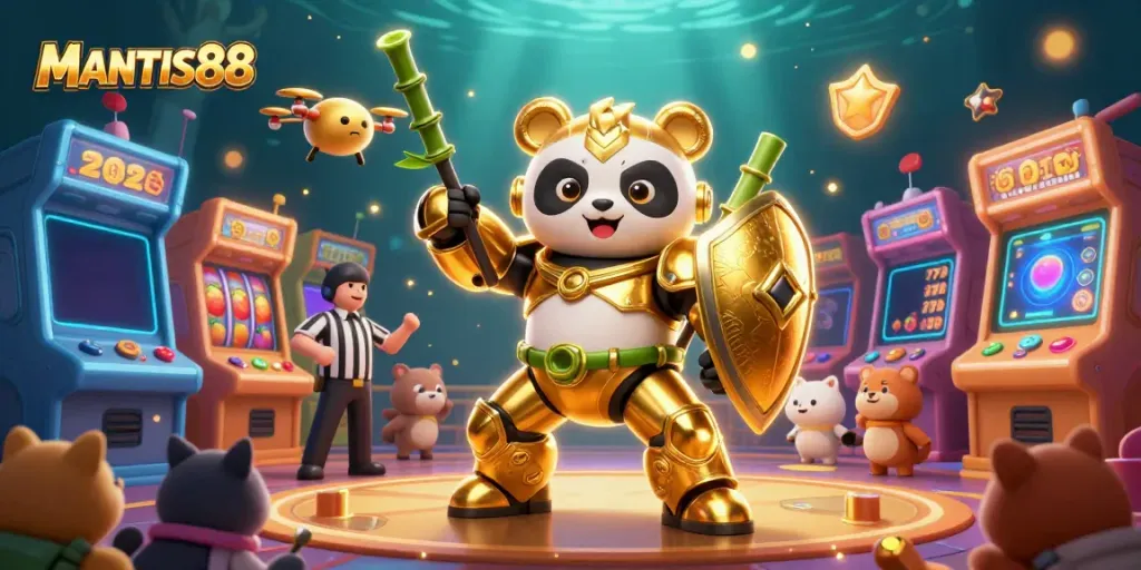 Engage with MANTIS88 in a thrilling online casino illustration featuring vibrant 3D game elements and energetic characters.